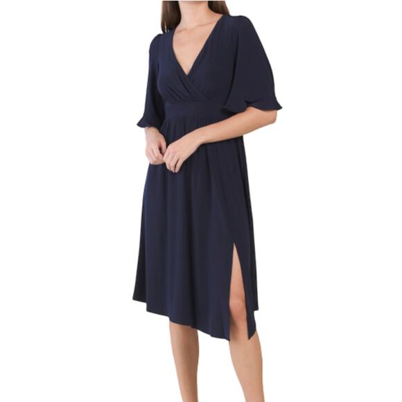 New Eliza J V-Neck Front Slit Elbow Sleeve Asymmetric Party Cocktail Midi Dress - Picture 1 of 8